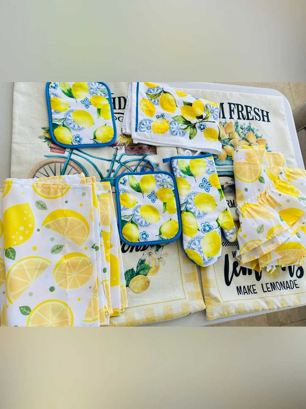 10pcs Lemon Print Kitchen Linen Set - Yellow